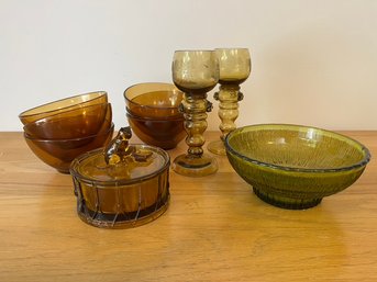 Green & Amber Glass Serving Bowls & Glasses