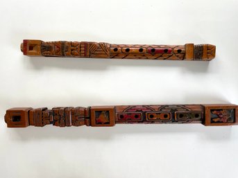 Two Vintage Large Carved South American Flutes