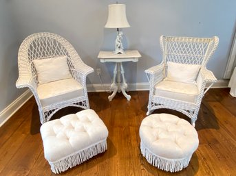 Two Wicker White Chairs & Side Table
