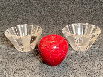 Pair Of Vintage Rosenthal Crystal Votive Candle Holders Frosted And Clear Glass Red Marble Apple Paperweight