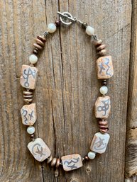 Heavy Stone Inlay Tribal Bead & Pearl Necklace