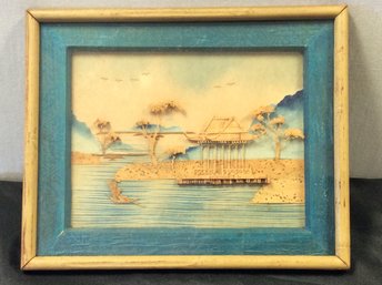 A  Vintage Framed Chinese Cork Carving Diorama With Pagoda &  Trees 10.5 X 8.5H