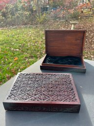 Pair Matching Hand-Carved Wood Boxes Lined In Velvet