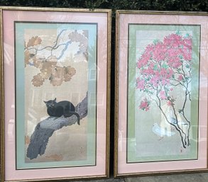 Framed And Matted Signed Shunso Hishida Pair Of Prints - Black Cat  - Azalea And Pigeon 28.5 In. X 18 In.