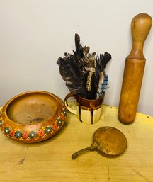 Large Antique Wood Pestle Mug Of Feathers And More