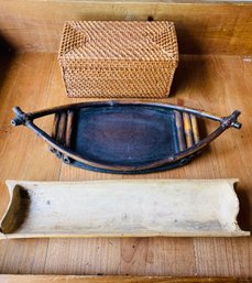 Bamboo Trough And  Canoe And Woven Box