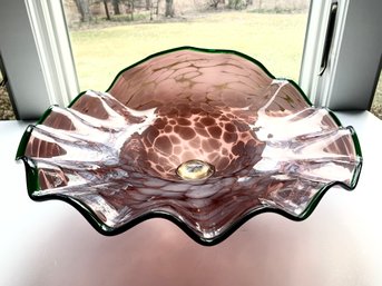 Large Hand Blown Mottled Art Glass Footed Console Bowl