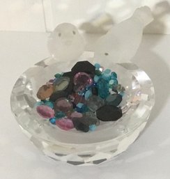 Swarovski Pr. Frosted Doves, Sitting On Birdbath, Colorful Crystals, 10029