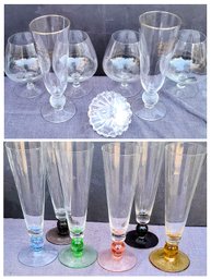 Six Colored Glass Pilsner Glasses Paired With Crystal Brandy Snifters, 2 Pilsner Glasses & Crystal Sphere