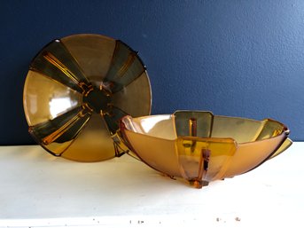 Vintage Art Deco Amber Glass Serving Bowls, One Round And One Oval