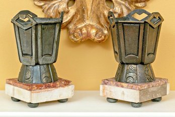Pair Of Diminutive Art Deco Bronze Vases On Marble Bases