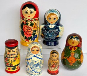 Vintage Russian Nevalyashka ( Wobbly)  Wood Doll With Chime And 5 Lacquer Painted Nesting Dolls Some Marked