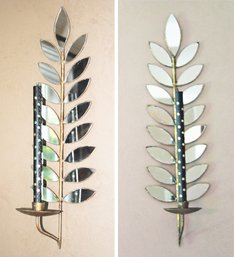 Pair Of Decorative Gold Patina Candle Sconces With Mirrored Leaves Includes Black Taper Candles With Gold Dots