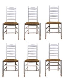 Ladder Back Rush Seat Chairs - Vintage Painted White Set Of (6)