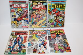 6 Comic Marvel 1970s - 1980s - Champions #11 - Ms. Marvel #6 - The Eternals #14 Secret Wars II #4 & #8