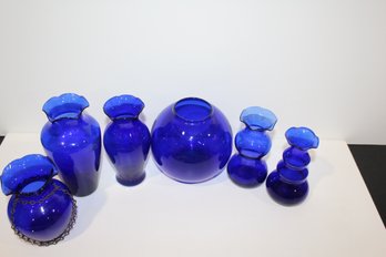 6 Piece Vintage Blue Glass Vases - Most Hand-blown - Group 3