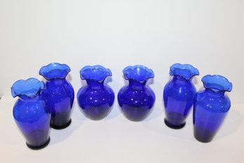 6 Piece Vintage Blue Glass Fluted Vases - Group 4