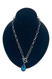 Dark Bronze Tone Chain Necklace With Blue Tear Drop Acrylic Stone