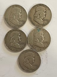 5 - Franklin Silver Half Dollars   1-1950-D,   2- 1952-D,   2- 1953-d