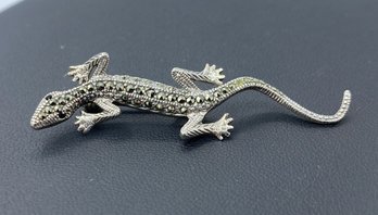 Unique Marcasite & Black Onyx Sterling Silver Lizard Brooch/Pin