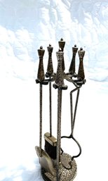 Hammered Vintage Look Figural Brass 4 Piece Set Of Fireplace Tools