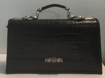 Brighton Leather Black Clutch Style Handbag, Crossbody Bejeweled & Mirror