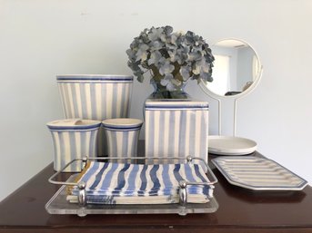 Lot Of Blue And White Striped Bathroom Accessories By Casafina Plus Makeup Mirror And Hydrangeas