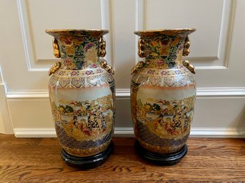 Pair Of Famille Rose Style Cabinet Vases On Teak Stands