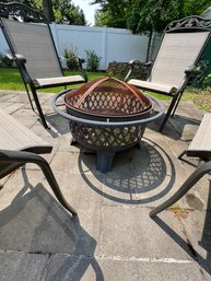 Deck Outdoor Fire Pit With 4 Black Cast Aluminum Sling Arm Chairs