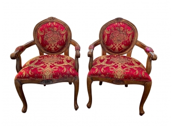 Pair Of Red Floral Silk Upholstered Arm Chairs