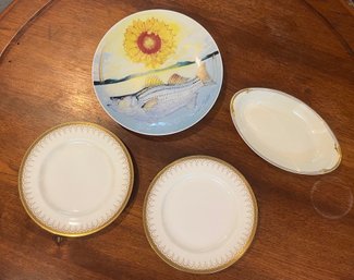 Vintage Gold Trimmed Plates & Collector Plate By Jerry Pinkney