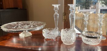 Cut Glass Or Crystal Dish Set - Cake Platter, 3 Bowls And Candlesticks