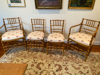 Four Bamboo Style Hand Carved Chairs Armchair 22x33x21 Custom Dragonfly Upholstery A Lovely Elegant Set