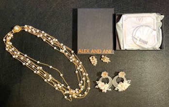 Nicole Mintzes /  Alex & Ani ,  Long Golden Multi Strand Pearl Necklace , Pearl Cluster Earrings