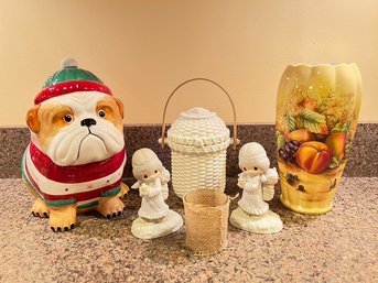 Ansley Vase, New Bulldog Cookie Jar, Partylite China Basket, Precious Moments