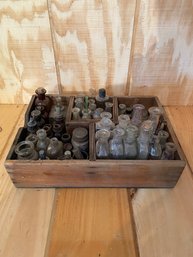 Small Wood Box Of Mini Glass Bottles