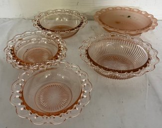 Six Anchor Hocking, Old Colony Open Lace Pink Depression Glass Bowls