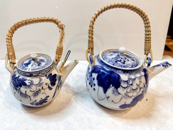 Set Of Two Vintage Hand-Painted Japanese Teapots, Blue And White