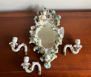 Porcelain Framed Mirror With Applied Flowers, Cherubs & Candle Holders