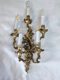 Large Electrified 5 Arm Bright Brass Wall Sconce/ Candelabra