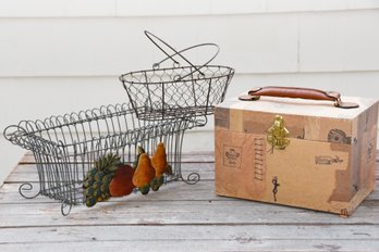 Leather Handled Jewelry/Make Up Box With (2) Vintage French Wire Baskets