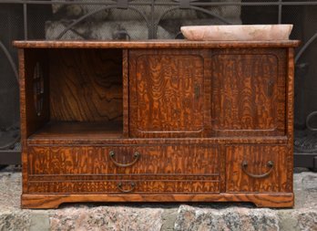 Vintage Miniature Japanese Tiger Maple Cabinet With Pink Quartz Marble