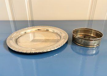 Silver Plate Items- Wine Bottle Coaster And Plate