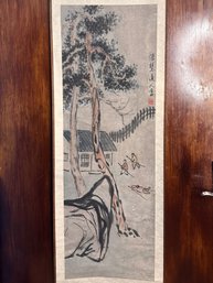 Signed Antique Chinese Scroll Depicting Rice Farmers In Idyllic Landscape
