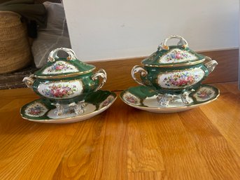 Set Of 2 French Porcelain Green And White With Pink Floral Soup Bowls