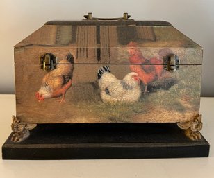 Footed Wooden Box With Roosters & Chickens, Hinged Lid, Latches And Handle
