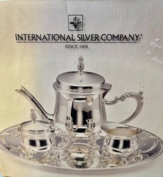 NIB International Silver Company 4 Pc Miniature Silverplated Coffee Set: Coffee Pot, Creamer, Sugar Bowl, Tray