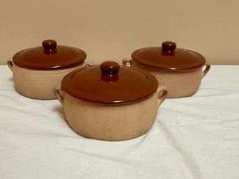 Three Twin Handled Crockery Bowls With Lids