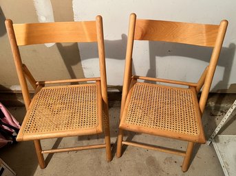 2 Wooden Folding Chairs, With Rush Seats, Storage Is Easy!