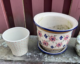 Two Glazed Ceramic Floral Design Flowerpots